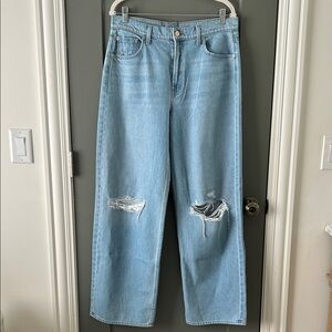 MOTHER SNACKS The Fun Dip Puddle Sky Blue Distressed Wide Leg Jeans